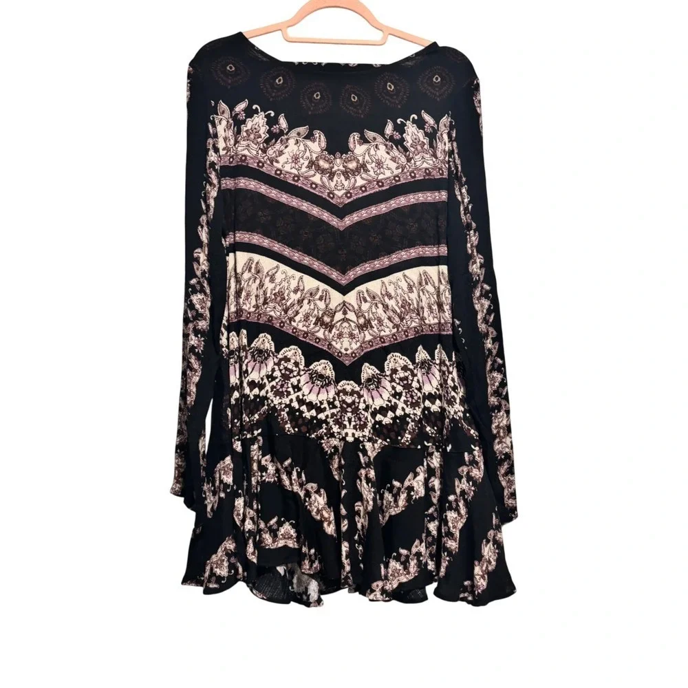 Free People Black Paisley Open Back Tiered Ruffle Tunic‎ Dress Top Womens Medium